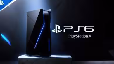 Concept visuel d’une console Sony PlayStation 6 noire éclairée en bleu, avec logo PS6