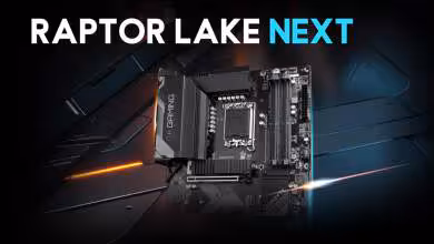 Carte mère GIGABYTE Raptor Lake Next avec socket processeur Intel, quatre emplacements mémoire DDR et dissipateurs noirs
