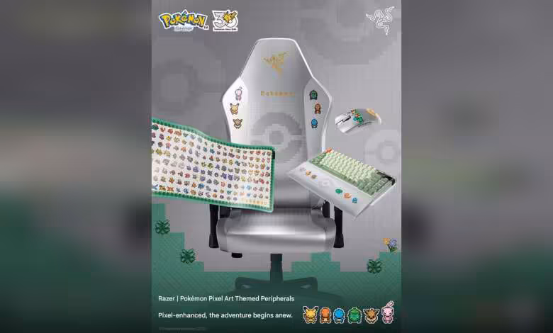 Razer Pokémon : les 151 créatures cultes reviennent sur des périphériques pixel art 1 Setup Razer Pokémon Pixel Art avec fauteuil, clavier sans fil, souris et tapis de souris illustrés