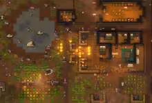 Capture de RimWorld montrant une colonie vue du dessus, champs cultivés, chambres, ateliers et défense contre des assaillants