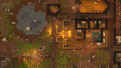 Capture de RimWorld montrant une colonie vue du dessus, champs cultivés, chambres, ateliers et défense contre des assaillants