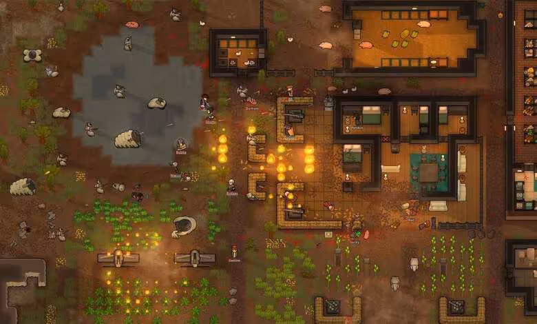 RimWorld 1.7 abandonne Unity et promet des performances jusqu’à quatre fois supérieures 1 Capture de RimWorld montrant une colonie vue du dessus, champs cultivés, chambres, ateliers et défense contre des assaillants