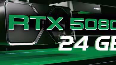 Visuel NVIDIA GeForce RTX 5080 annonçant une carte graphique équipée de 24 Go de mémoire ვიდეო