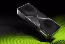 Carte graphique NVIDIA GeForce RTX 5090 Founders Edition sur fond noir et vagues vertes