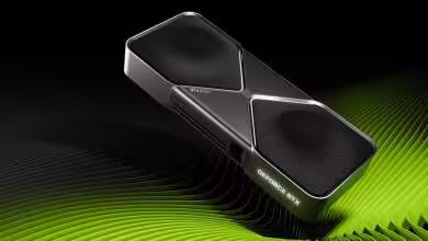 Carte graphique NVIDIA GeForce RTX 5090 Founders Edition sur fond noir et vagues vertes