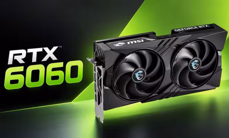 RTX 6060 : la carte graphique grand public de NVIDIA pourrait attendre jusqu’en 2029 1 Carte graphique MSI GeForce RTX 6060 à double ventilateur sur fond noir et vert NVIDIA