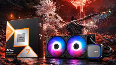 Boîte AMD Ryzen 7 avec watercooling AIO MSI à double ventilateur RGB dans une scène rouge