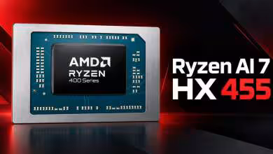 Visuel AMD Ryzen 400 Series annonçant le processeur Ryzen AI 7 HX 455 sur fond rouge et noir