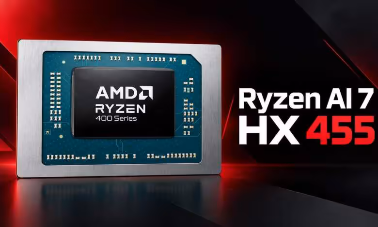 Ryzen AI 7 HX 455 : AMD préparerait un APU 8 cœurs doté d’une Radeon 890M 1 Visuel AMD Ryzen 400 Series annonçant le processeur Ryzen AI 7 HX 455 sur fond rouge et noir