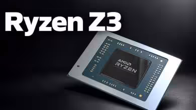 Puce AMD Ryzen Z3 inclinée sur fond sombre, avec inscription Ryzen Z3 en haut