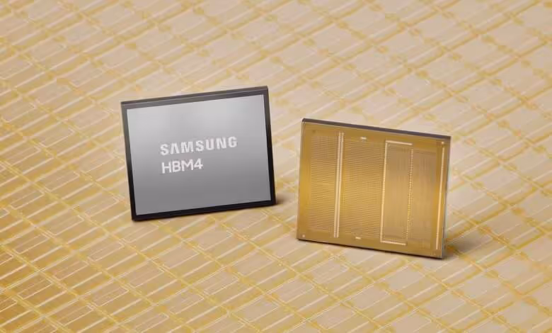 Samsung HBM : les datacenters paieraient jusqu’à 25 % de plus pour sécuriser l’offre 1 Deux puces mémoire Samsung HBM4, dont un module noir marqué HBM4 et un boîtier doré ouvert