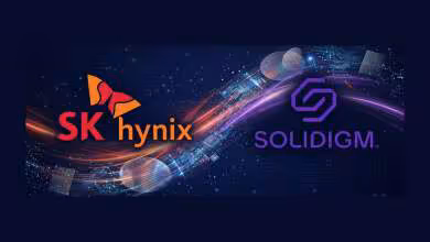 Logos SK hynix et Solidigm reliés par des flux lumineux sur fond de circuits électroniques numériques