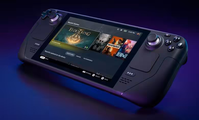 Console portable Valve Steam Deck noire affichant la bibliothèque Steam sur fond bleu et violet