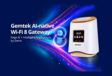 Passerelle domestique Gemtek AI-native Wi-Fi 8 blanche avec écran frontal et finitions dorées