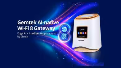 Passerelle domestique Gemtek AI-native Wi-Fi 8 blanche avec écran frontal et finitions dorées