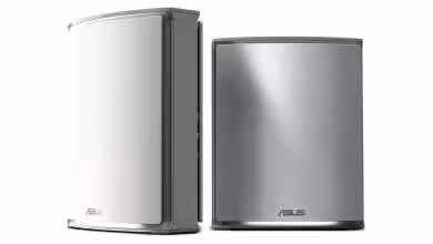Routeurs mesh ASUS ZenWiFi BN12 blanc et gris, vus de face sur fond blanc