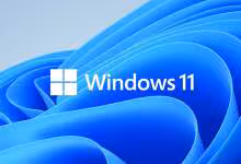 Logo Windows 11 blanc sur fond abstrait bleu officiel de Microsoft