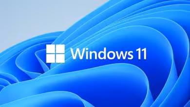 Logo Windows 11 blanc sur fond abstrait bleu officiel de Microsoft