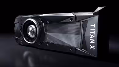 Carte graphique NVIDIA TITAN X noire, vue en gros plan avec turbine et inscription TITAN X