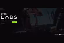 Écran d’accueil Xbox Labs avec logo blanc, fond futuriste sombre et bouton vert « Get started »