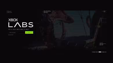Écran d’accueil Xbox Labs avec logo blanc, fond futuriste sombre et bouton vert « Get started »
