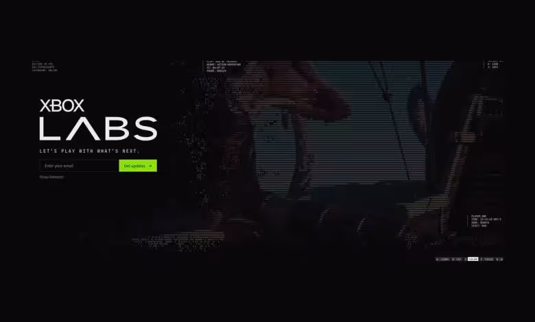 Écran d’accueil Xbox Labs avec logo blanc, fond futuriste sombre et bouton vert « Get started »