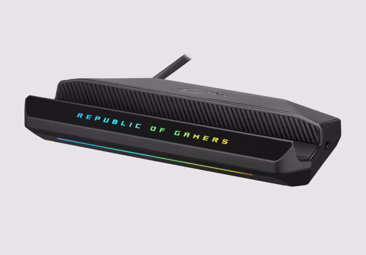 ROG Bulwark Dock DG310 : HDMI 2.1, 4K à 144 Hz et charge jusqu’à 80 W 2 Dock ASUS ROG Bulwark DG310 vu de face avec éclairage RGB Republic of Gamers