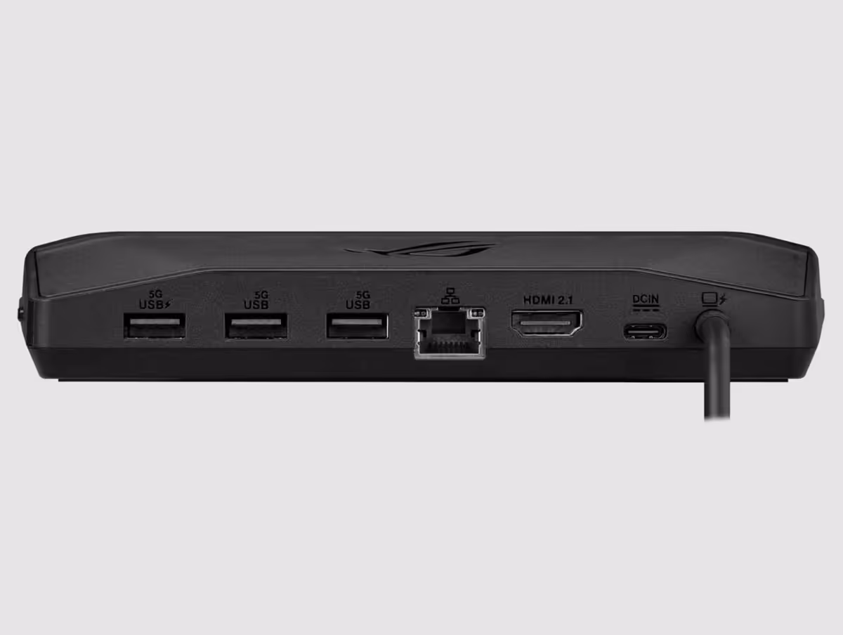 ROG Bulwark Dock DG310 : HDMI 2.1, 4K à 144 Hz et charge jusqu’à 80 W 3 Connectique arrière du dock ASUS ROG Bulwark DG310 avec USB, Ethernet, HDMI 2.1 et alimentation