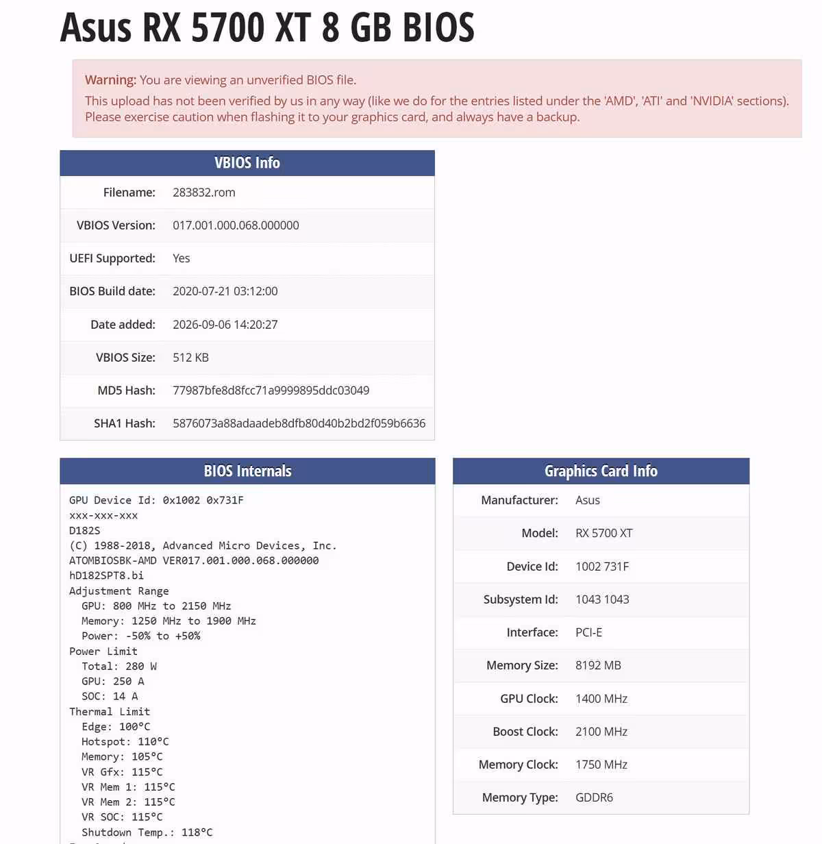 ROG Matrix RX 5700 XT : le prototype inédit d’ASUS atteignait 2 100 MHz à 280 W 7 Capture BIOS de la carte graphique ASUS RX 5700 XT 8 Go