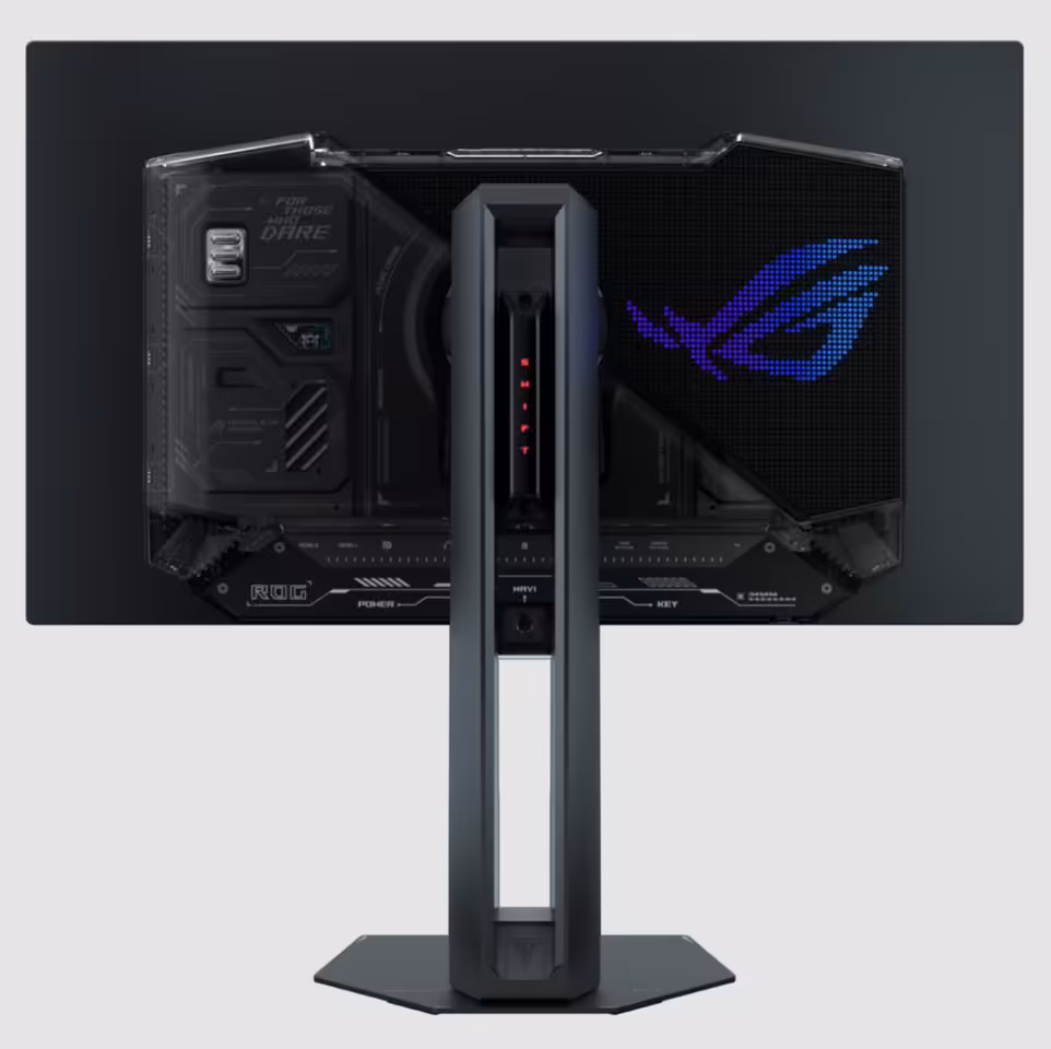 Vue arrière du moniteur ASUS ROG Swift OLED PG259QWS Ace avec logo ROG lumineux et connectique