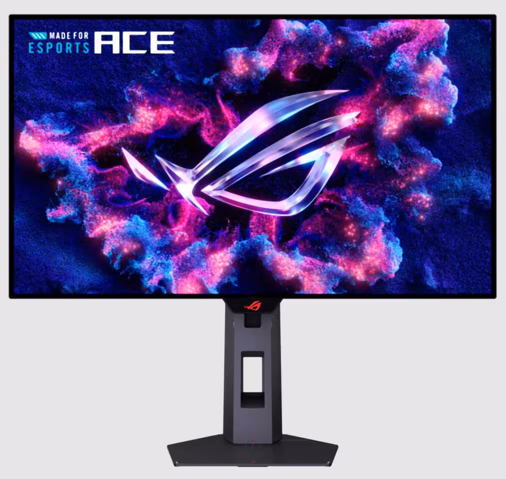 Face avant du moniteur ASUS ROG Swift OLED PG259QWS Ace affichant le logo ROG sur fond coloré