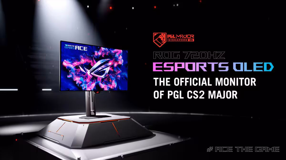 Moniteur gaming ASUS ROG Swift OLED PG259QWS Ace présenté sur scène au PGL Major Singapore 2026