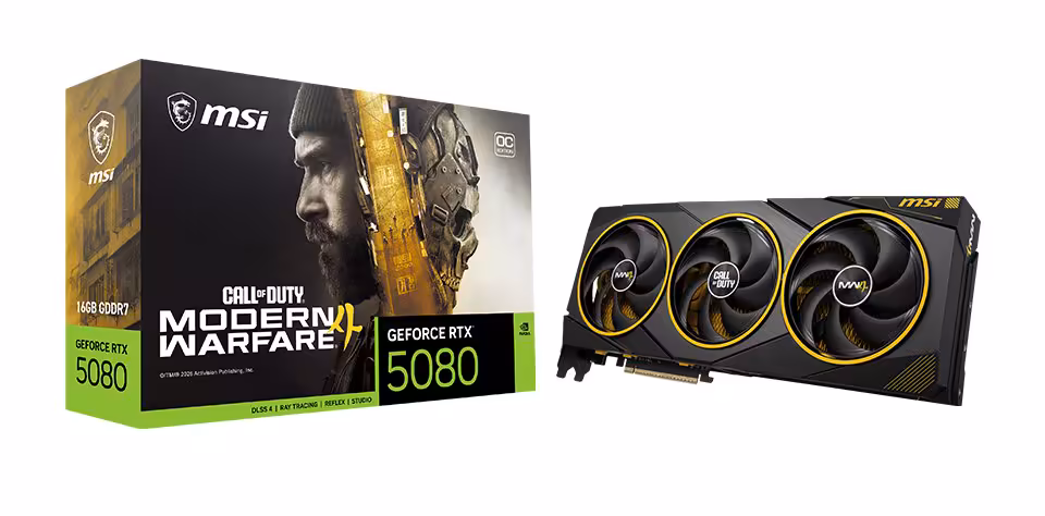 RTX 5080 MSI : une édition Call of Duty MW4 limitée au radiateur entièrement jaune 3 Boîte MSI GeForce RTX 5080 Call of Duty Modern Warfare et carte graphique triple ventilateur