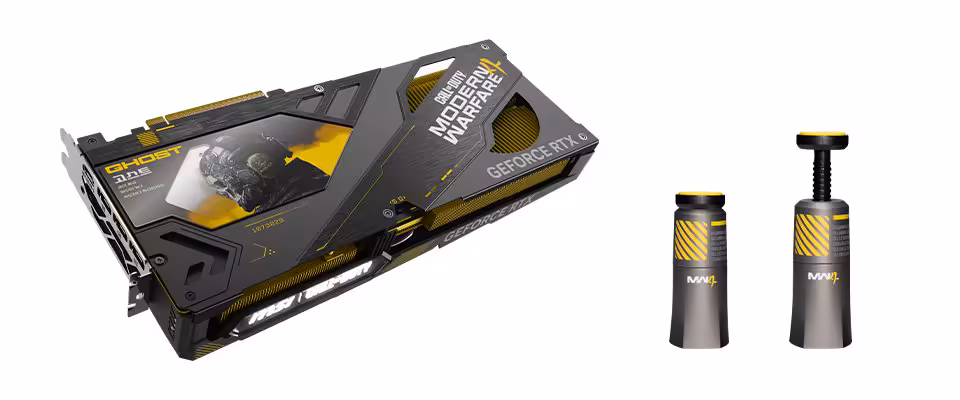 RTX 5080 MSI : une édition Call of Duty MW4 limitée au radiateur entièrement jaune 5 Carte graphique MSI GeForce RTX 5080 Call of Duty Modern Warfare avec accessoires cylindriques assortis