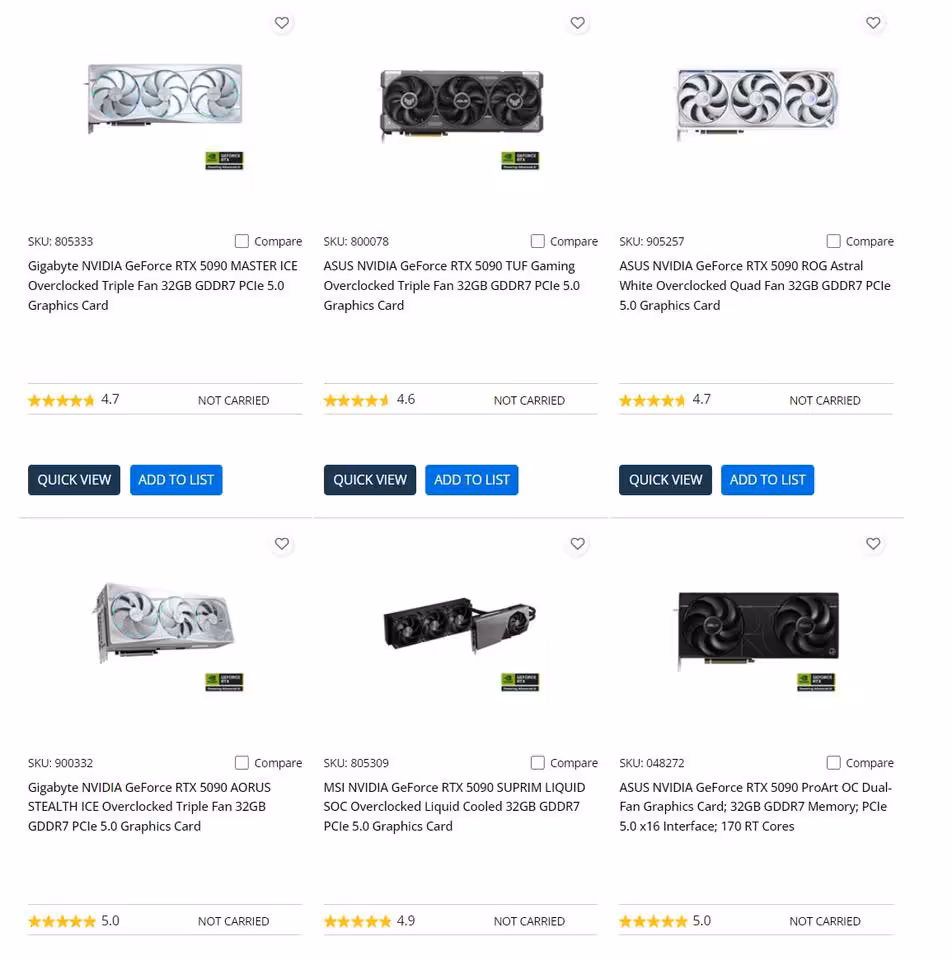 RTX 5090 : Micro Center la retire de son catalogue, les rumeurs d'arrêt s'intensifient 2 Catalogue Micro Center affichant plusieurs cartes graphiques NVIDIA GeForce RTX 5090 de Gigabyte, ASUS et MSI
