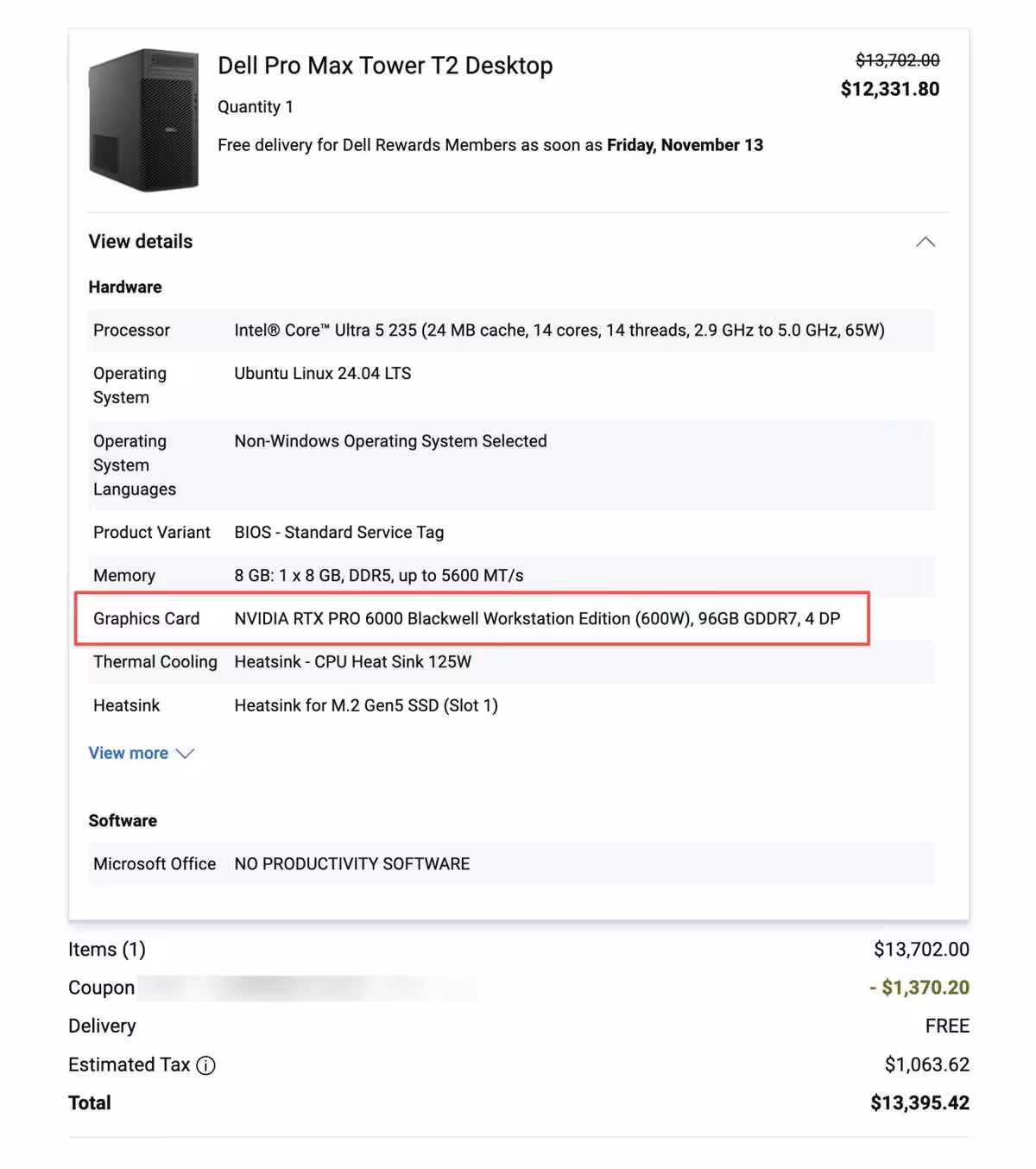 Configuration Dell Pro Max Tower T2 indiquant une NVIDIA RTX PRO 6000 Blackwell Workstation Edition 96 Go