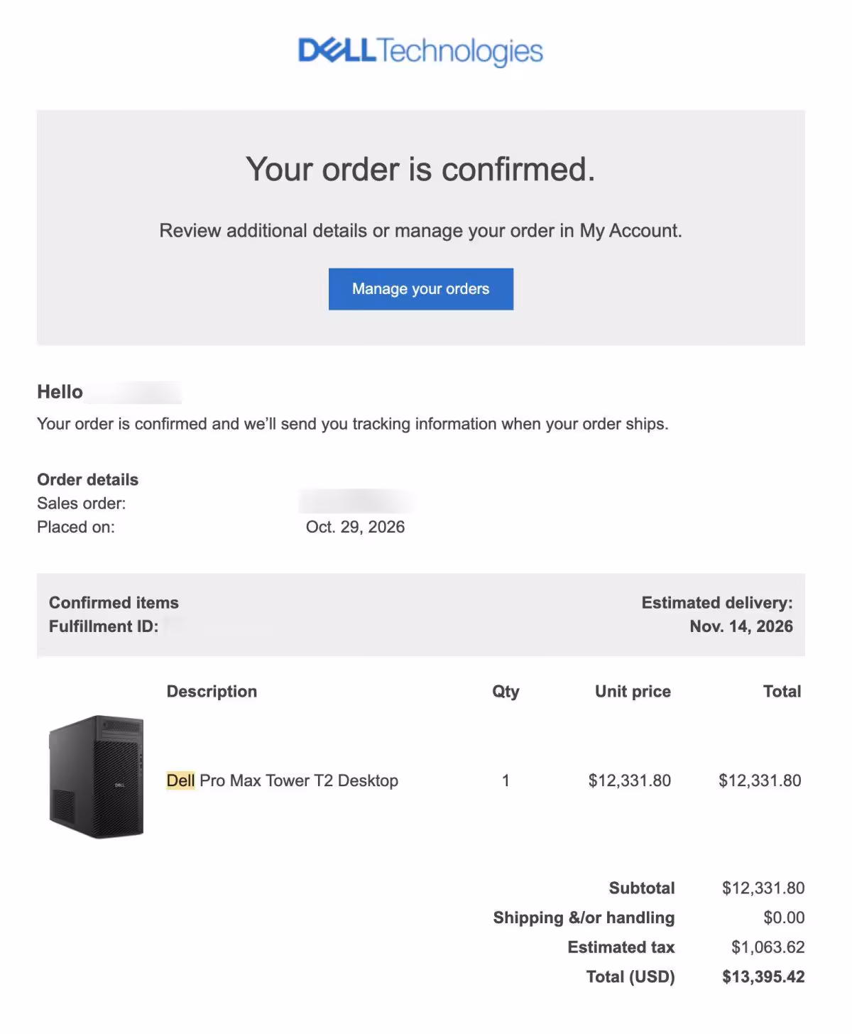 Confirmation de commande Dell Technologies pour une station Dell Pro Max Tower T2 à 12 331,80 dollars