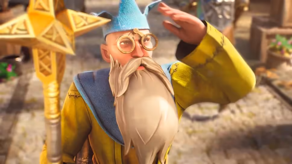 Magicien barbu portant une robe jaune et un chapeau bleu dans RuneScape 4