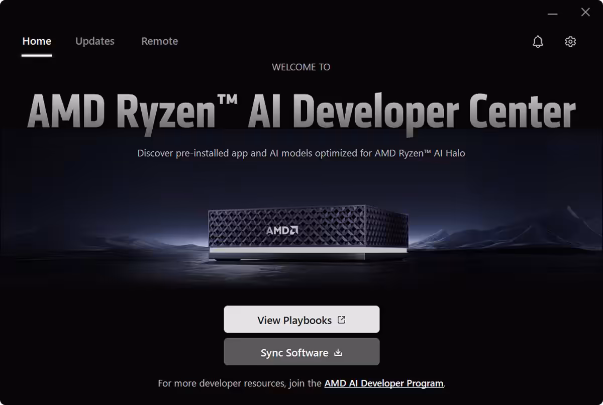 Écran AMD Ryzen AI Developer Center présentant un mini PC Ryzen AI Halo et des outils développeurs