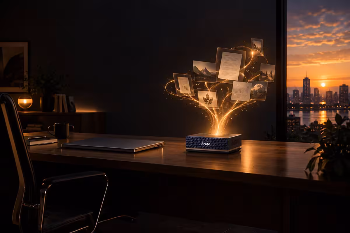 Mini PC AMD Ryzen AI Max+ posé sur un bureau, avec visuels IA flottants au coucher du soleil