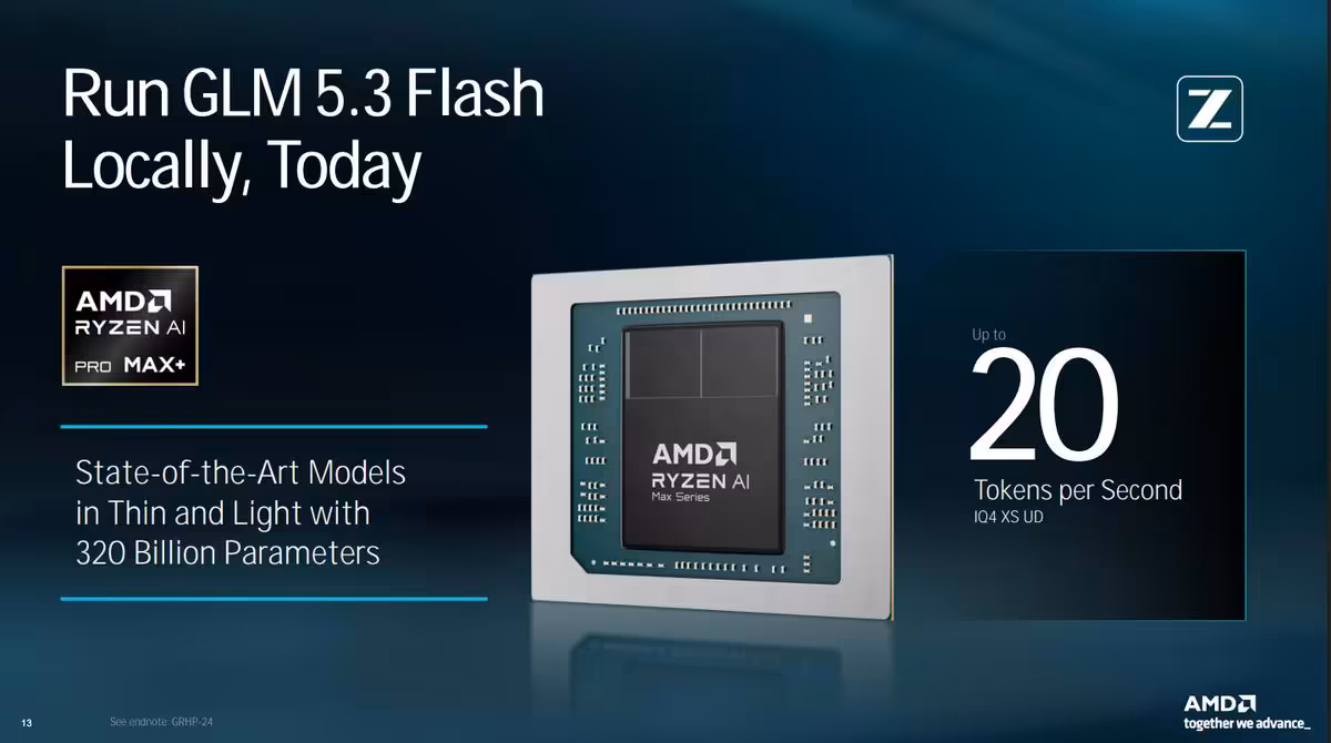 Ryzen AI Max+ PRO 495 : AMD promet des modèles de 320 milliards de paramètres en local 5 Puce AMD Ryzen AI Max PRO affichée avec performances locales du modèle GLM 5.3 Flash