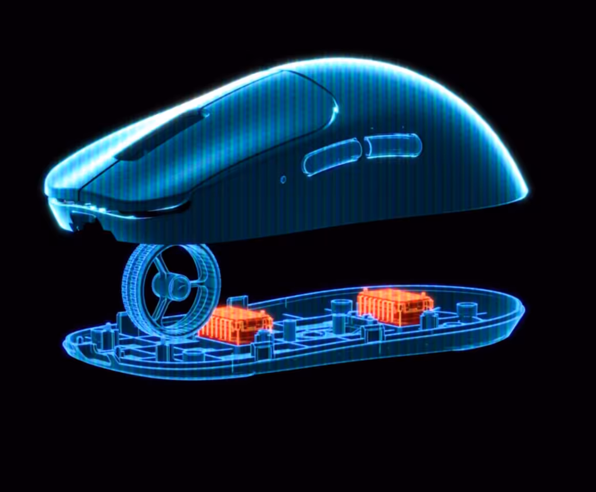 Souris gaming Pulsar : deux capteurs pour ajuster virtuellement leur position 3 Vue éclatée latérale d’une souris gaming Pulsar montrant coque, molette et deux capteurs internes