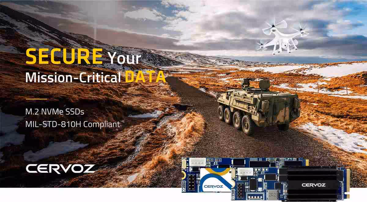 SSD NVMe Cervoz T449 et T459 : sécurité physique et certification MIL-STD-810H 2 Visuel promotionnel Cervoz de SSD M.2 NVMe durcis pour applications militaires, avec véhicule blindé et drone
