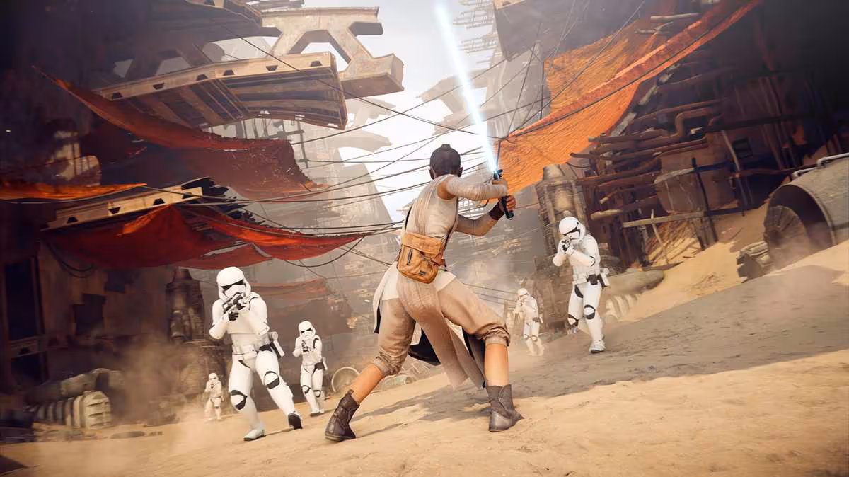 Star Wars Battlefront 3 : Bungie envisagé par Lucasfilm si DICE décline le projet 3 Rey affronte des stormtroopers dans un marché désertique de Star Wars Battlefront