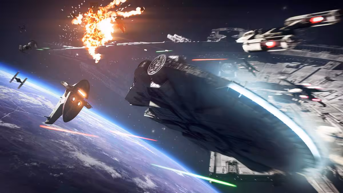 Star Wars Battlefront 3 : Bungie envisagé par Lucasfilm si DICE décline le projet 2 Combat spatial Star Wars avec vaisseaux rebelles et impériaux au-dessus d’une planète