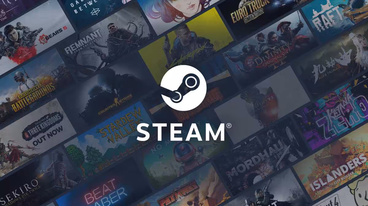 Steam dépasse 43,5 millions d’utilisateurs simultanés et établit un record 2 Logo Steam blanc sur mosaïque de jaquettes de jeux vidéo, dont Remnant, Euro Truck Simulator et Borderlands