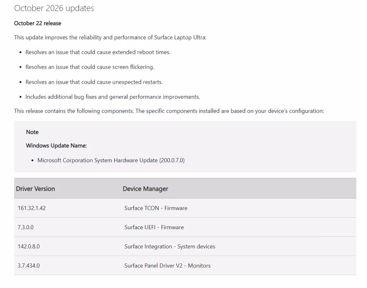 Notes de mise à jour Windows d’octobre 2026 pour Surface Laptop Ultra, incluant un correctif de scintillement d’écran