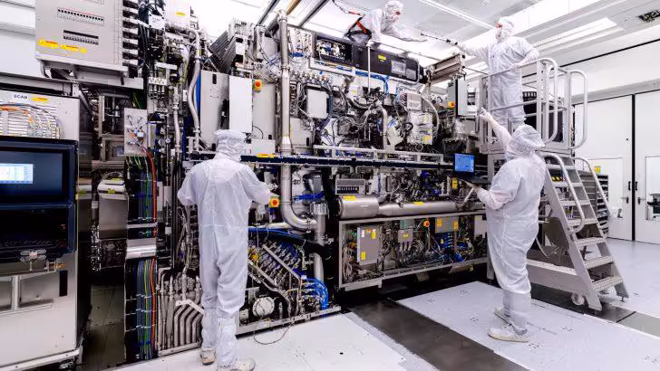 Terafab : Elon Musk reconnaît ne pas savoir fabriquer des semi-conducteurs 3 Techniciens en combinaison blanche opérant une machine industrielle dans une salle blanche