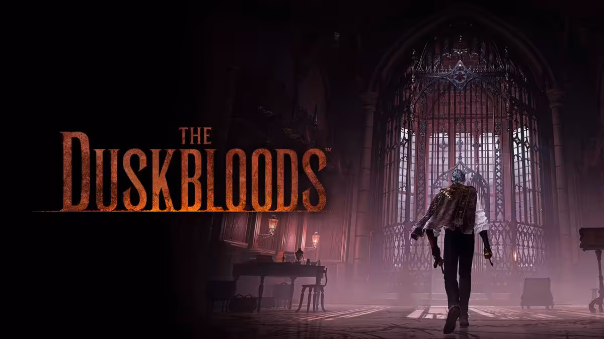 Logo The Duskbloods et personnage solitaire dans une cathédrale gothique sombre