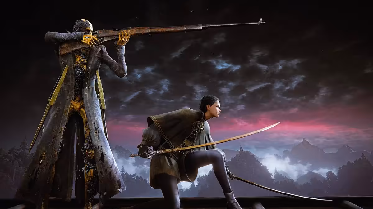 Personnages armés de The Duskbloods face à un paysage nocturne fantastique
